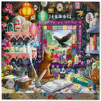Colorful puzzle with a cat looking out a stained glass window, surrounded by books and flowers.