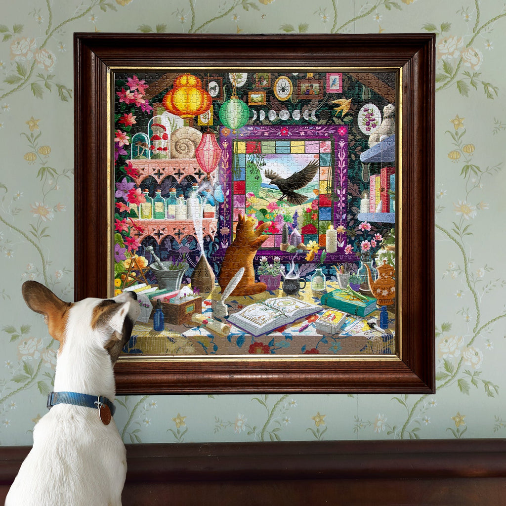 Framed colorful artwork of a room with a dog looking at it