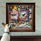 Framed colorful artwork of a room with a dog looking at it