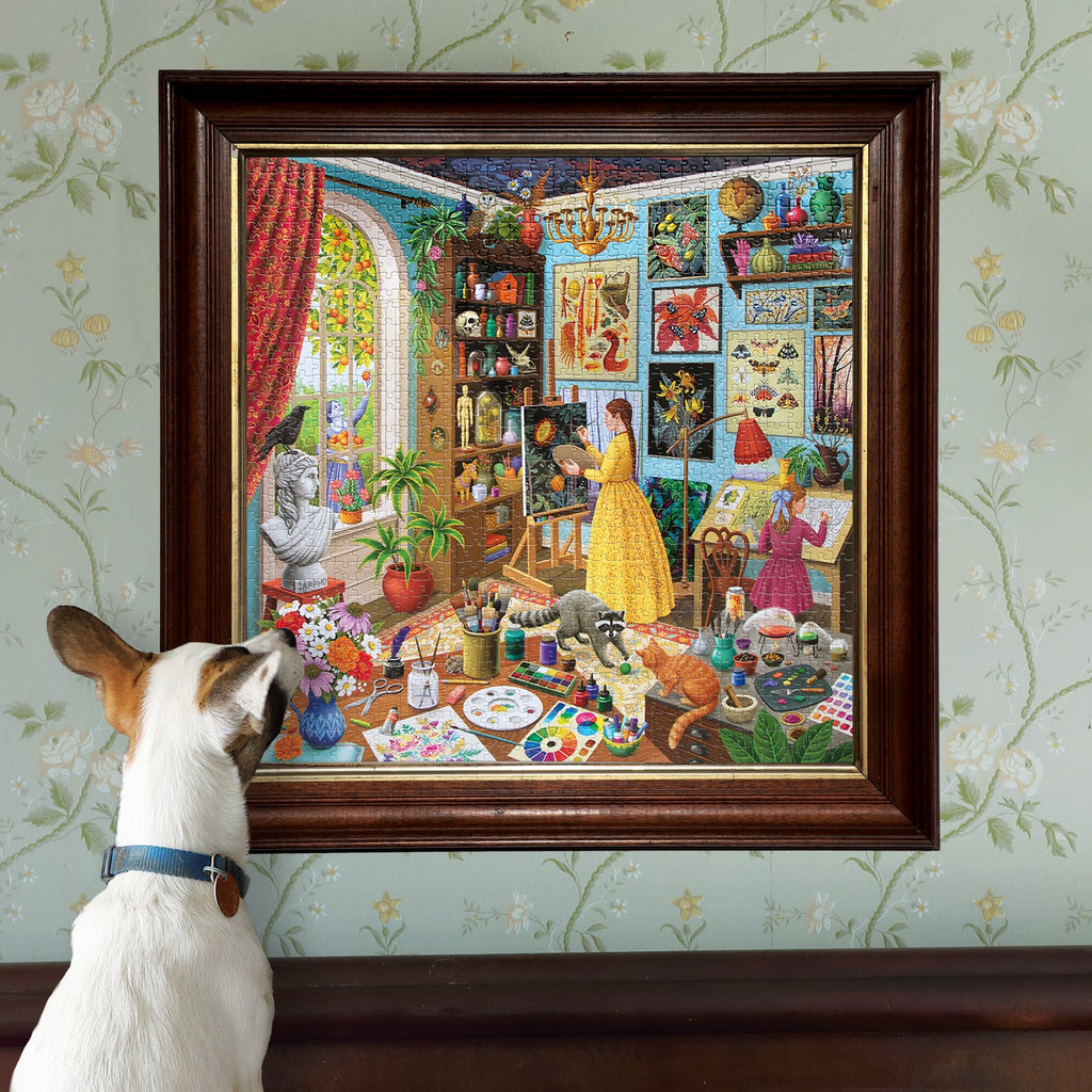 Framed colorful painting of a room with various objects and a dog looking at it.