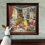 Framed colorful painting of a room with various objects and a dog looking at it.