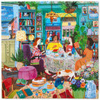 Painter Stephanie Lambourne depicts a cozy seaside women's reading group sharing ideas, tea, books, plants, & a playful cat. 1000 Piece Jigsaw Puzzle by eeBoo 