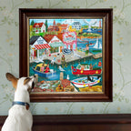 Illustrator Uta Krogmann depicts a classic New England harbor town with colorful buoys, fishing boats, a lighthouse, & lobster traps. 1000 Piece Jigsaw Puzzle by eeBoo 