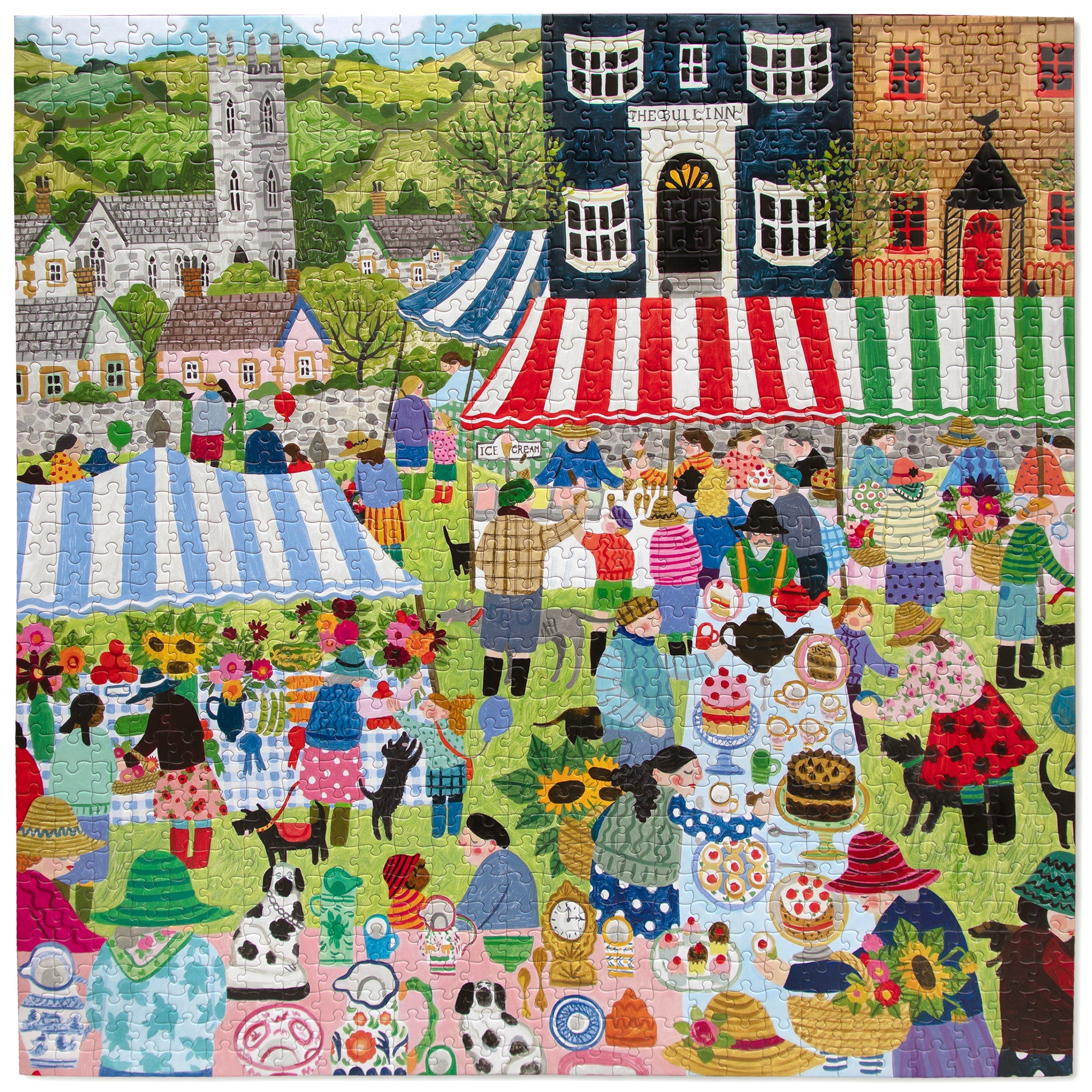 Artist Vanessa Bowman depicts a festive village square filled with tents, crafts & a colorful crowd gathering for the country fair. 1000 Piece Jigsaw Puzzle by eeBoo 