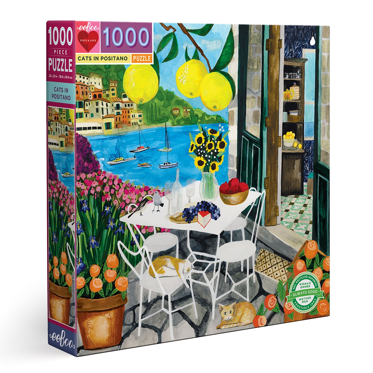 Cats in Positano Italy 1000 Piece Jigsaw Puzzle | eeBoo Piece & Love | Gifts for Travel Lovers