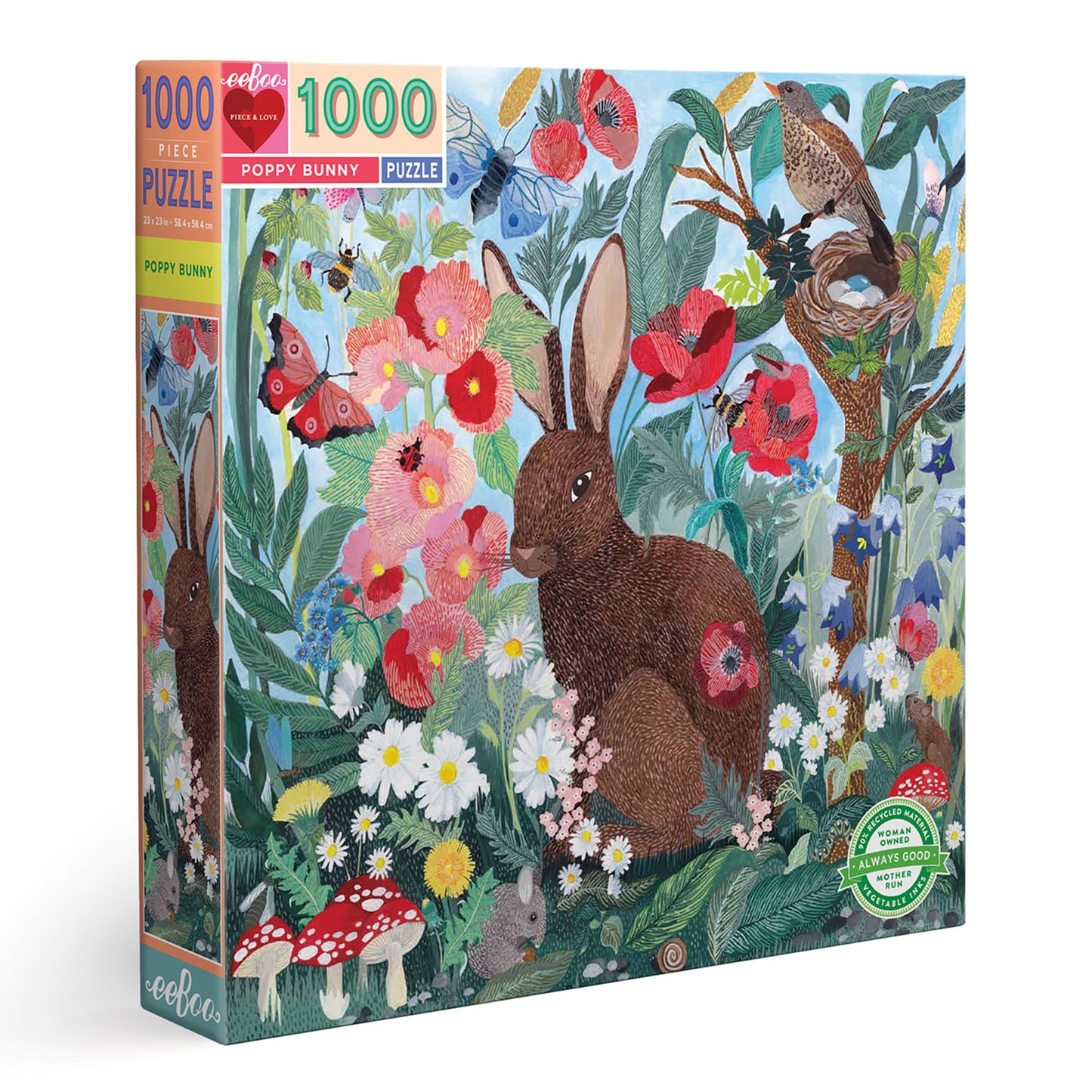 Poppy Bunny Spring Flowers 1000 Piece Jigsaw Puzzle | eeBoo Piece & Love | Great Gifts for Friends