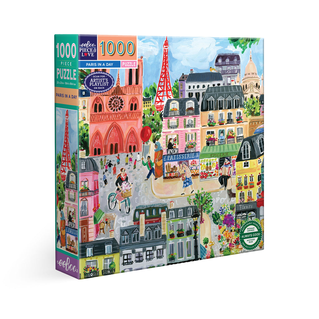 Jigsaw puzzle box with Paris-themed design.