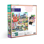 Jigsaw puzzle box with colorful illustration of a city scene and eeboo branding.
