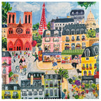 Colorful illustration of a Parisian street scene with iconic landmarks.