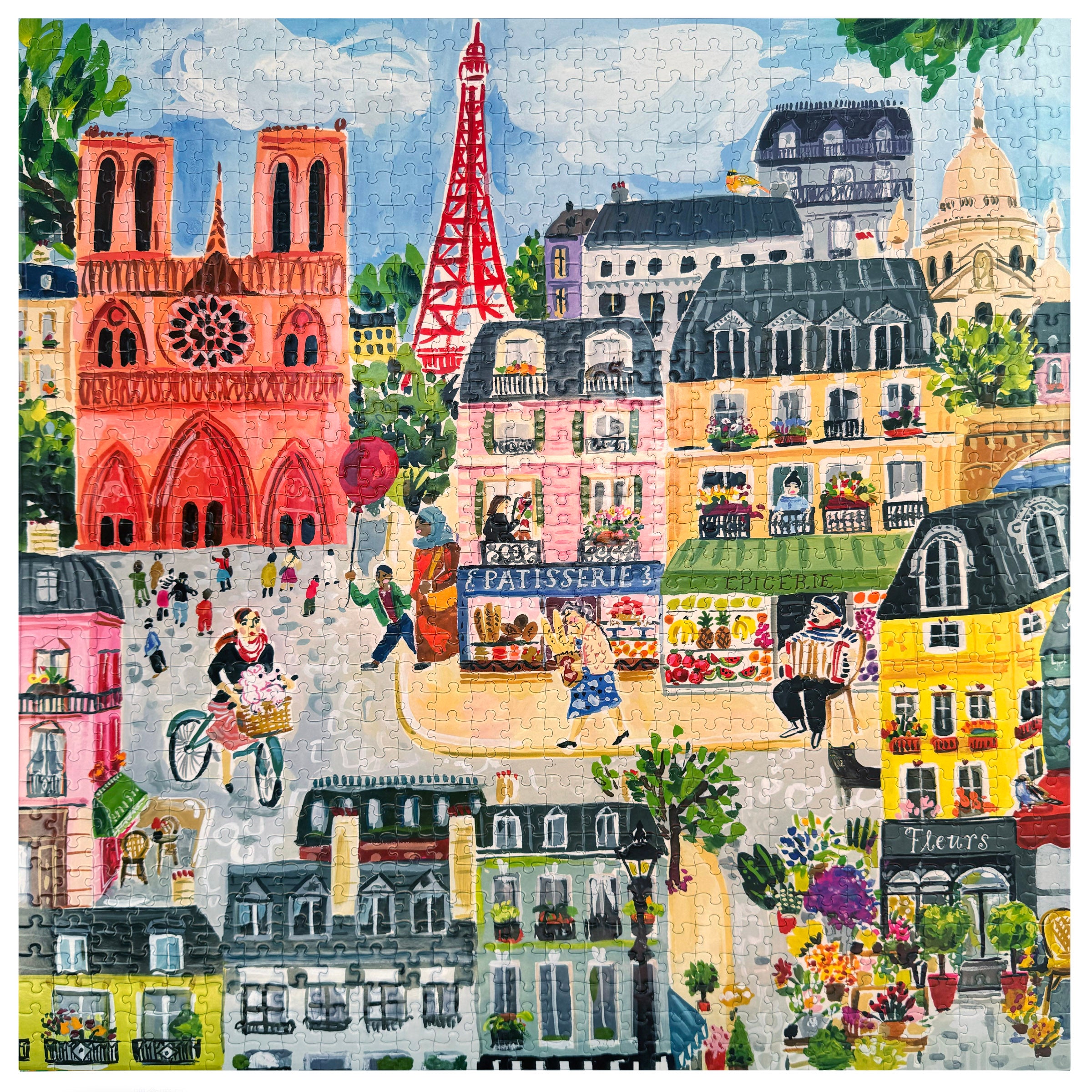 Colorful illustration of a Parisian street scene with iconic landmarks.