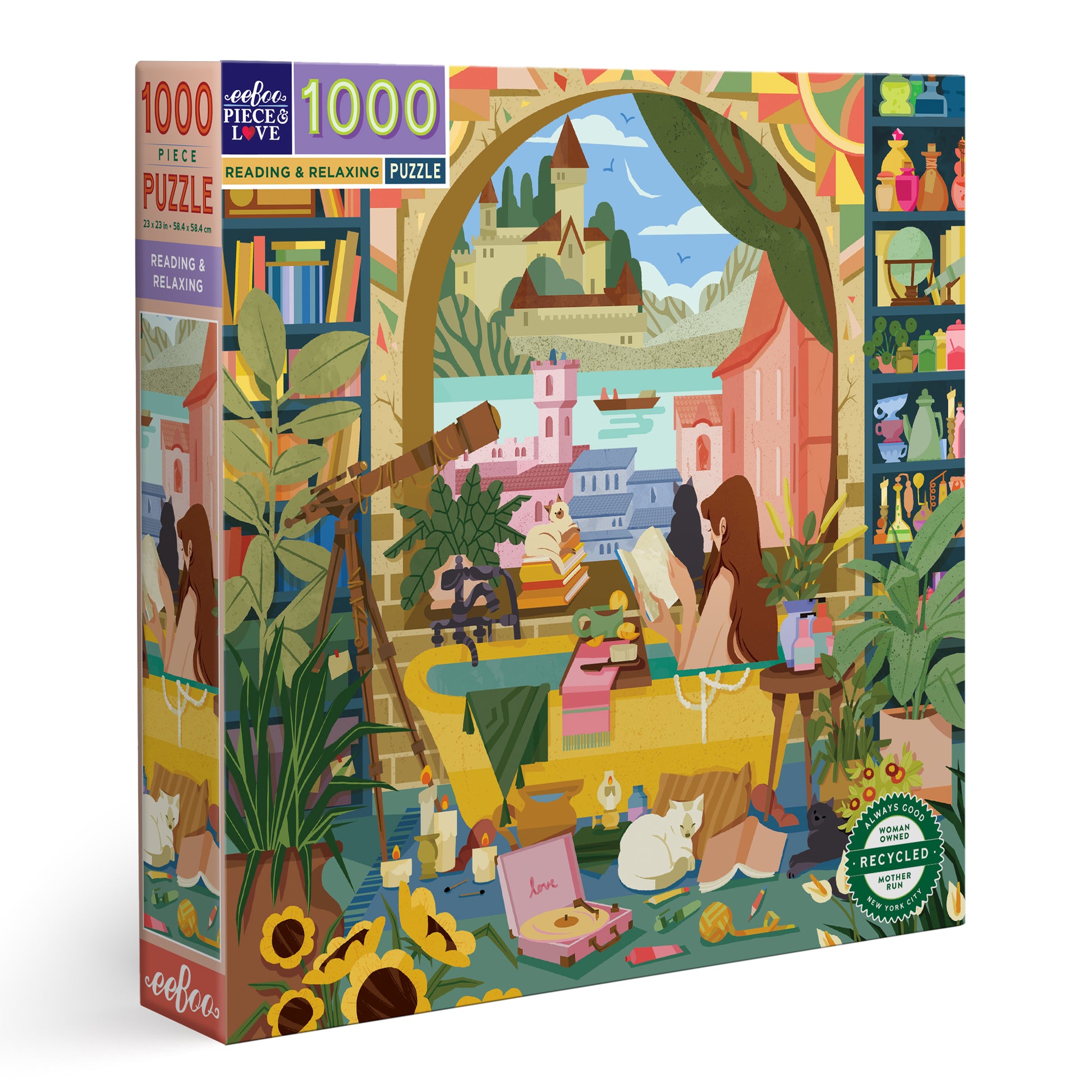Reading & Relaxing 1000 Piece Jigsaw Puzzle | Unique Self Care Gifts for Women | Features Castles, Cats, Books, & Plants