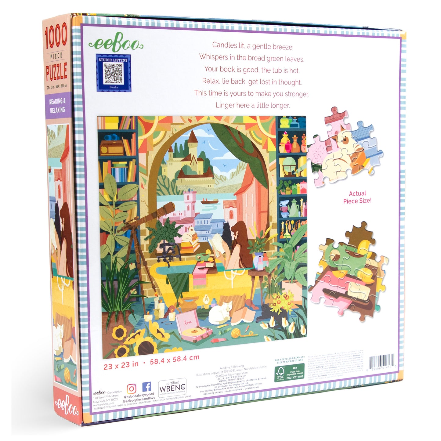 Reading & Relaxing 1000 Piece Jigsaw Puzzle | Unique Self Care Gifts for Women | Features Castles, Cats, Books, & Plants