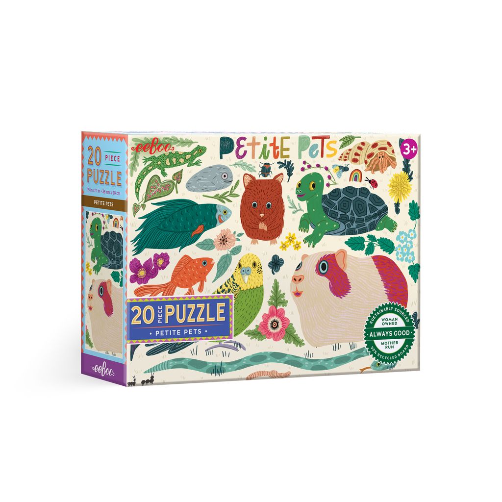 Box of a 20-piece puzzle featuring illustrations of small animals and nature elements. Petite Pets 20 Piece Puzzle