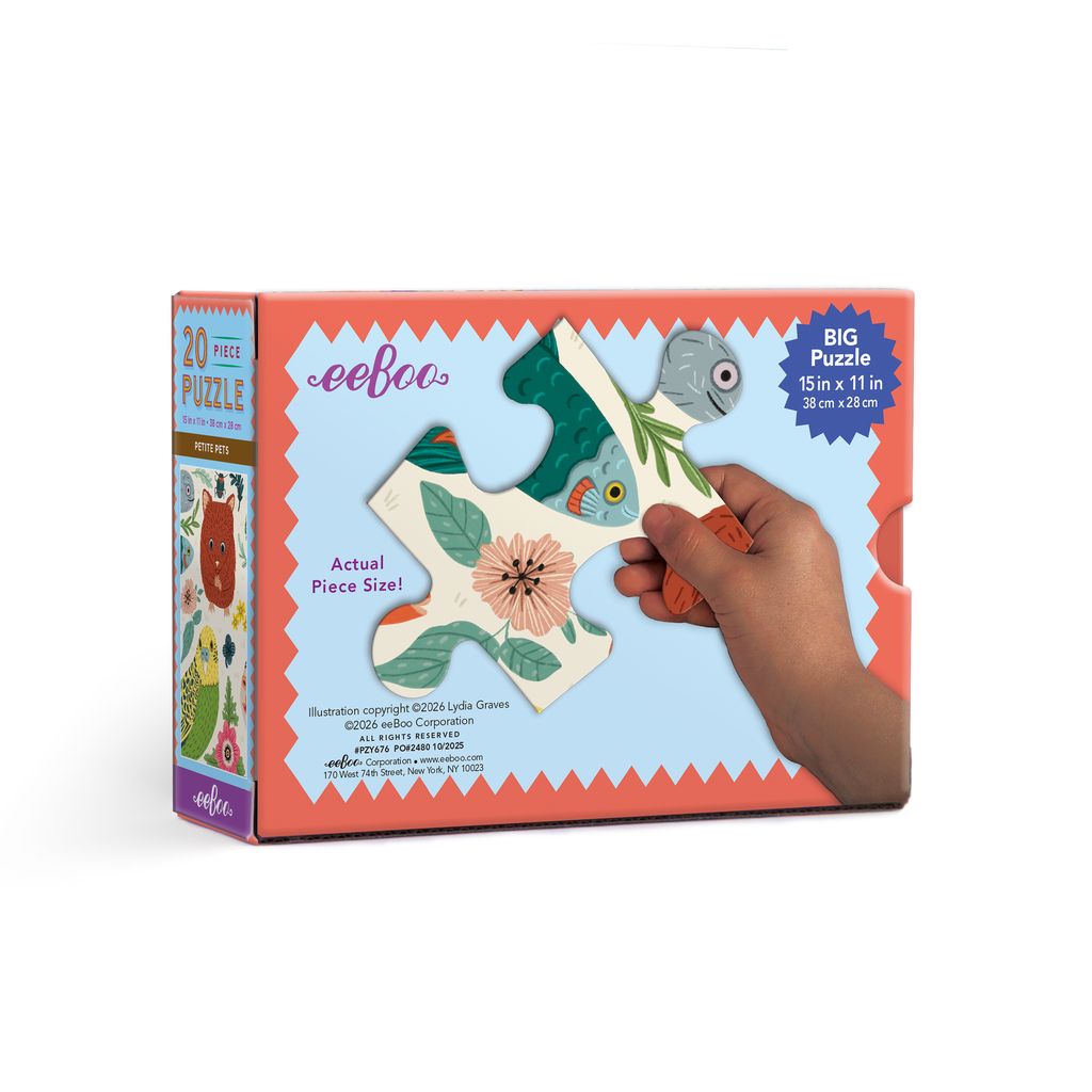 eeBoo puzzle packaging with a hand holding a puzzle piece. Petite Pets 20 Piece Puzzle
