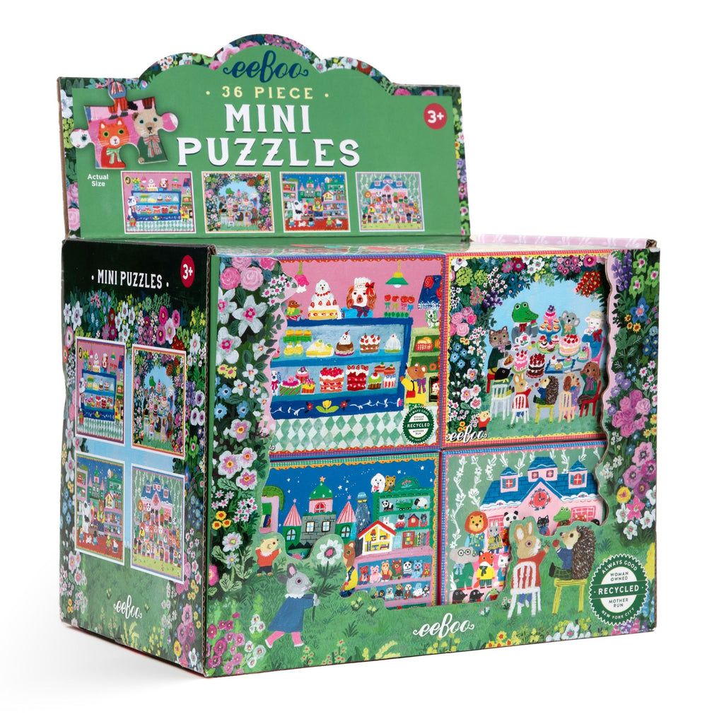 Box of eeBoo mini puzzles with colorful illustrations. yumis-mini-puzzle-assortment