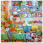 Jigsaw puzzle box featuring a colorful kitchen scene with  cat and a dog. Harvest Kitchen 1000 Piece Puzzle