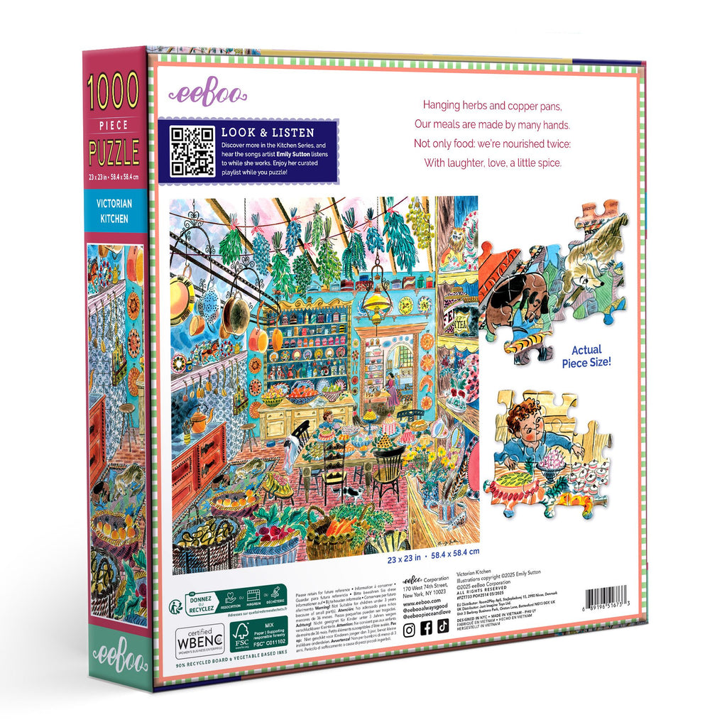 Jigsaw puzzle box with colorful illustration of a Victorian kitchen scene. Victorian Kitchen 1000 Piece Puzzle by eeBoo | Unique Beautiful Gifts