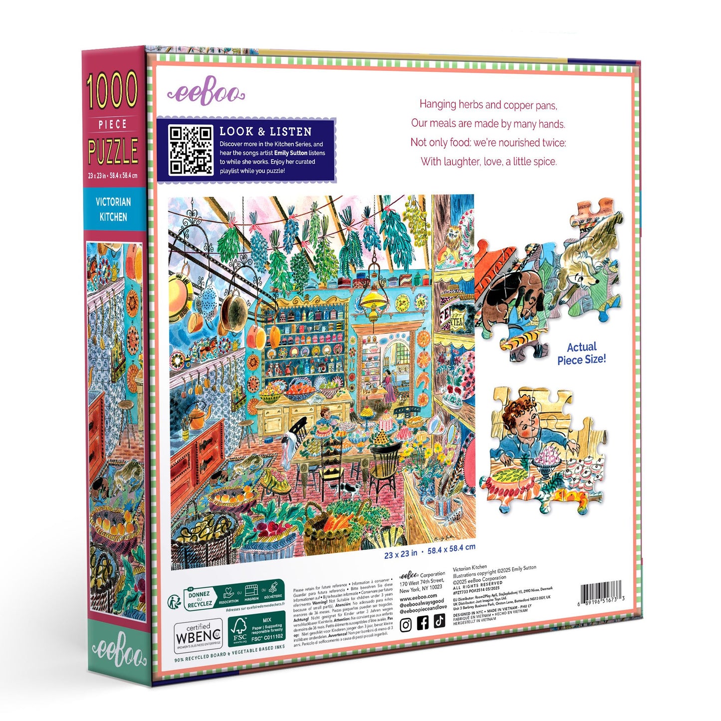 Jigsaw puzzle box with colorful illustration of a Victorian kitchen scene. Victorian Kitchen 1000 Piece Puzzle by eeBoo | Unique Beautiful Gifts