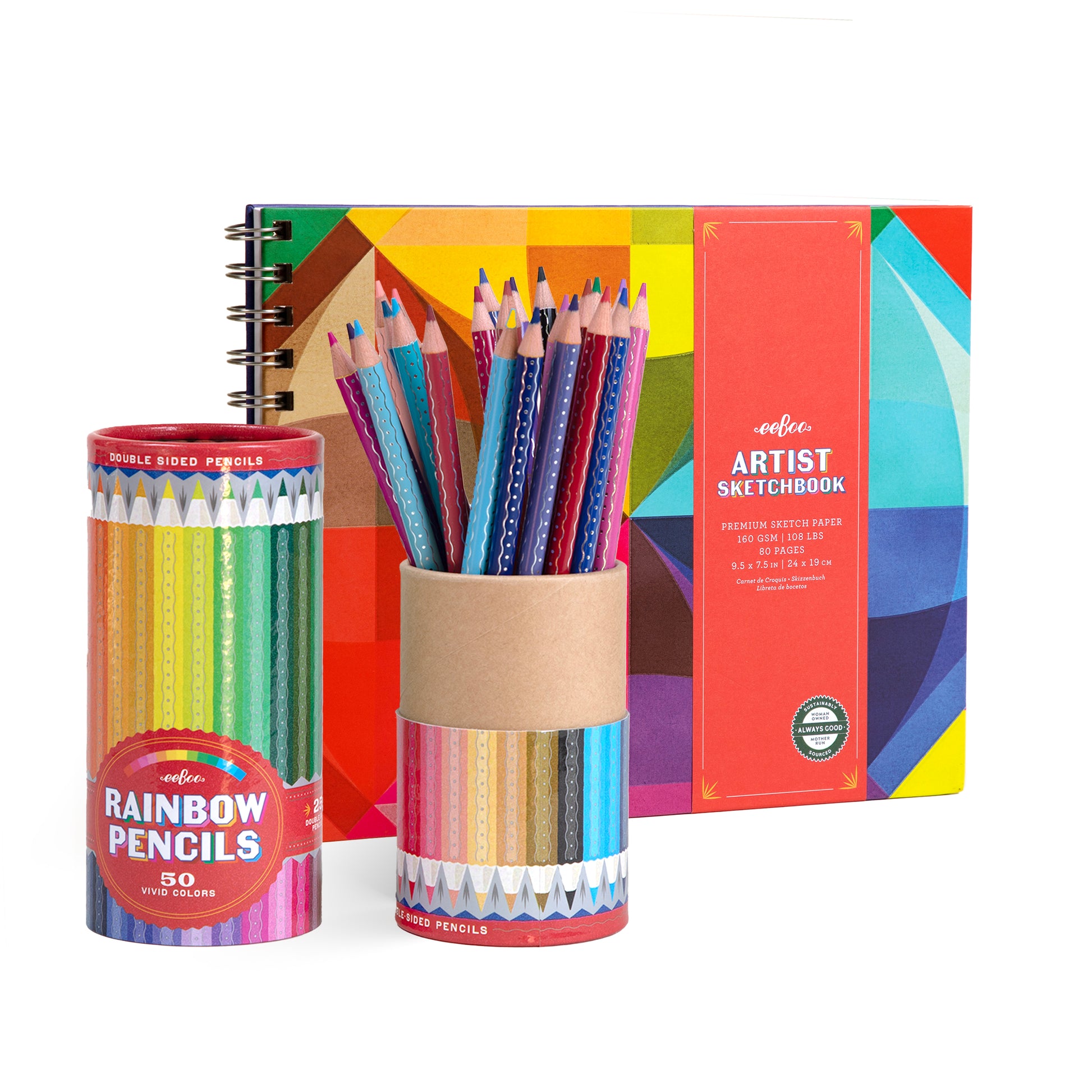 A hardcover sketchbook and 25 double-sided color pencils canister with rainbow colors