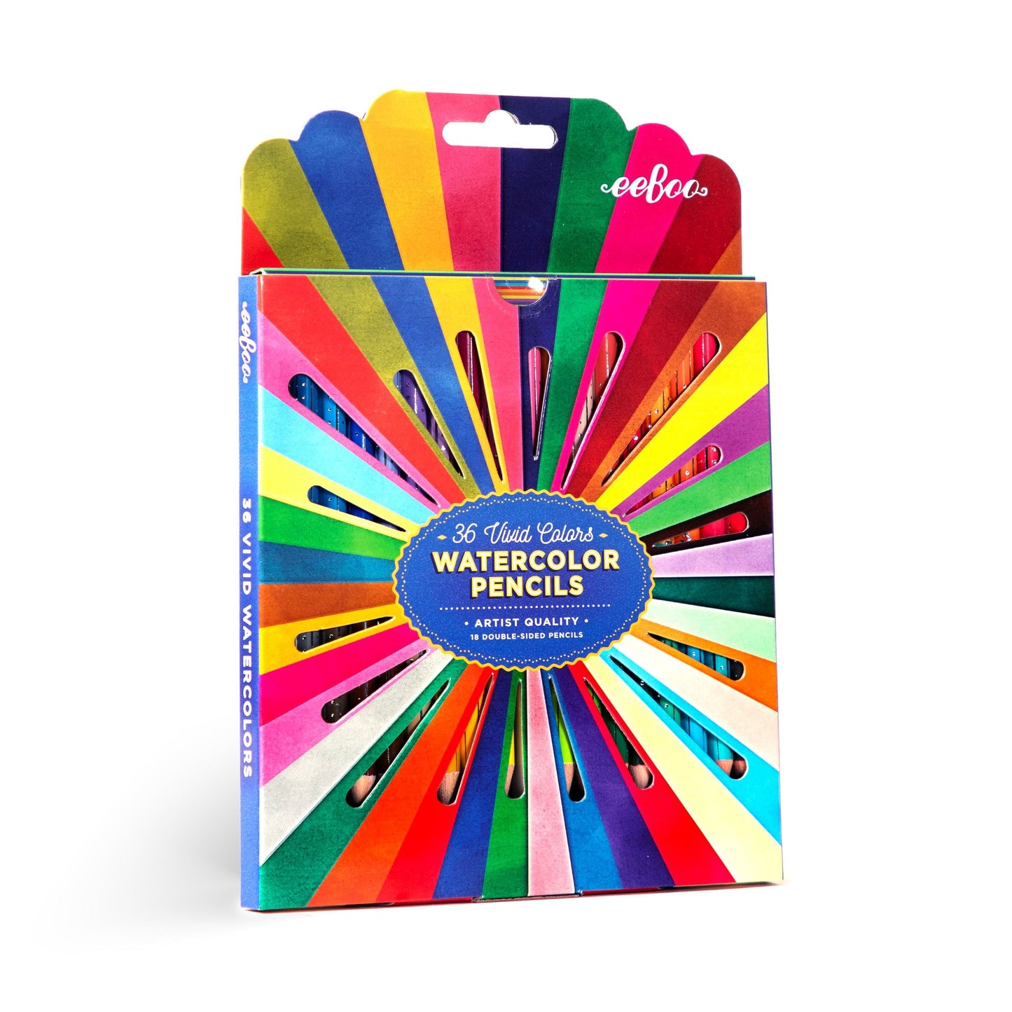Colorful packaging of 36 watercolor pencils with a visible eeBoo logo.  