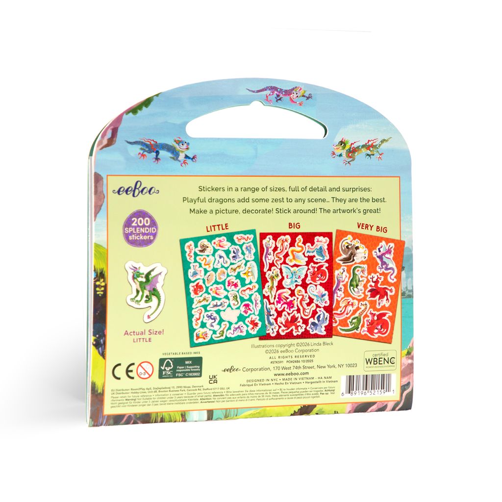 Packaging of sticker book with colorful dragons.