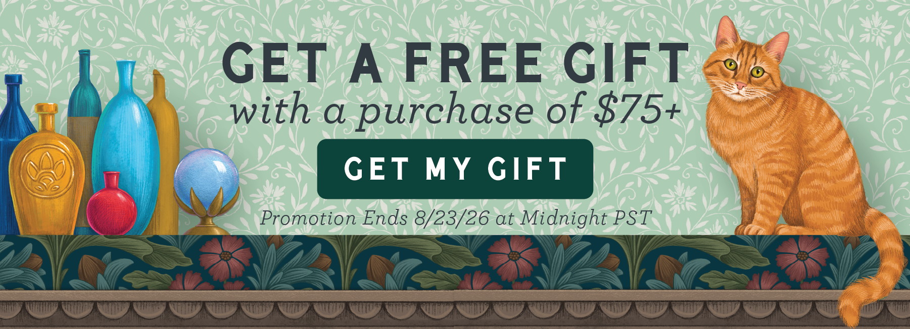 Promotional banner reading 'GET A FREE GIFT with a purchase of $75+' alongside decorative bottles and an orange tabby cat on a patterned teal background.