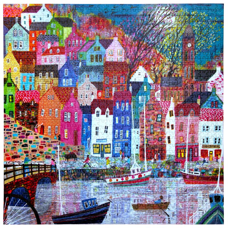 Colorful mosaic of a town with boats and a bridge as a jigsaw puzzle.