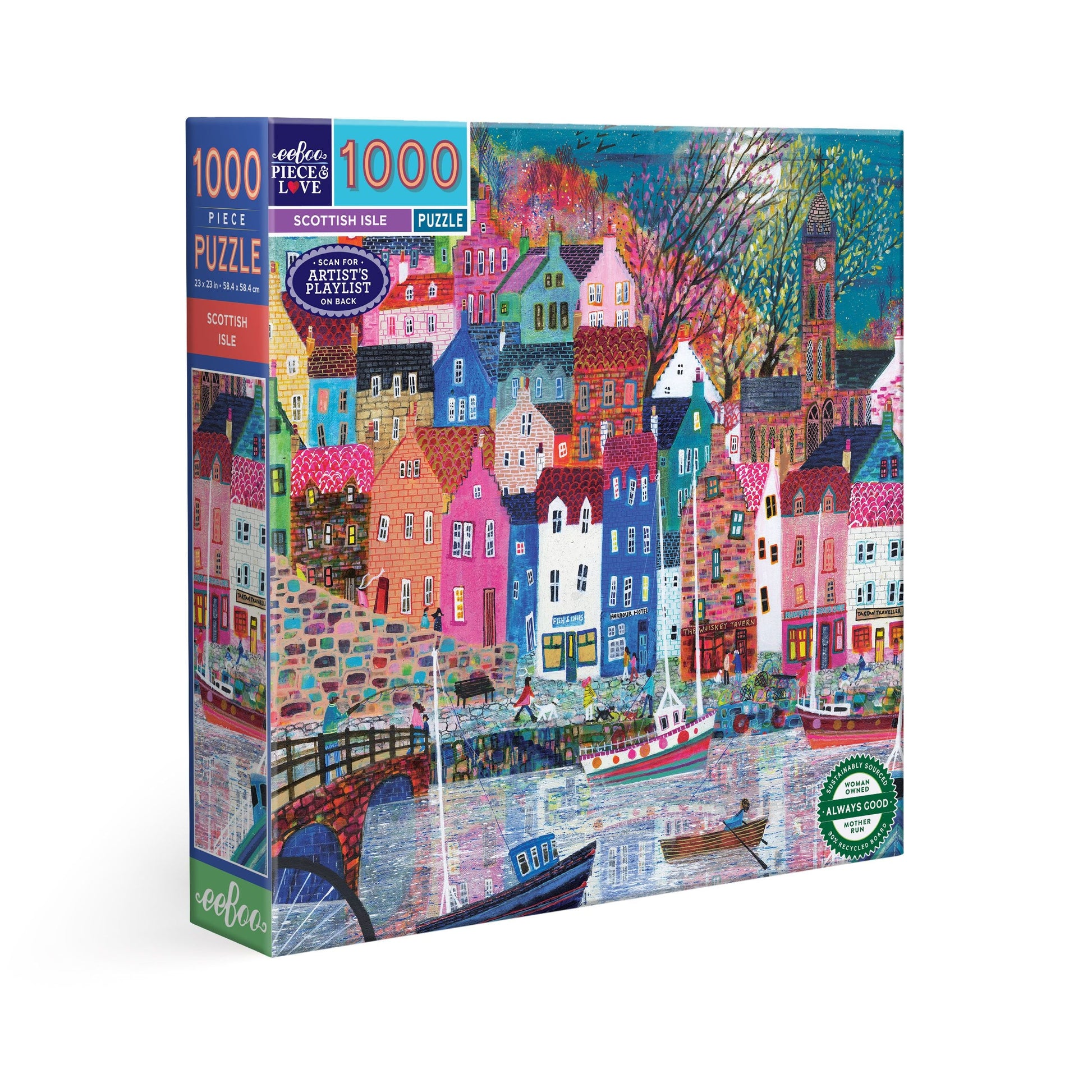 Jigsaw puzzle box with colorful village. Scottish Isle 1000 Piece Puzzle
