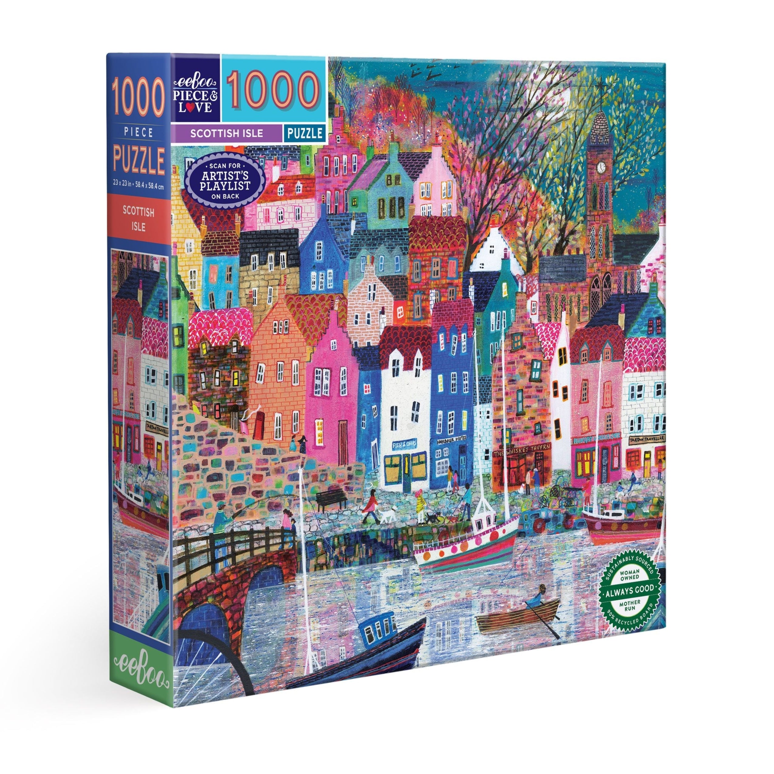Jigsaw puzzle box with colorful village. Scottish Isle 1000 Piece Puzzle