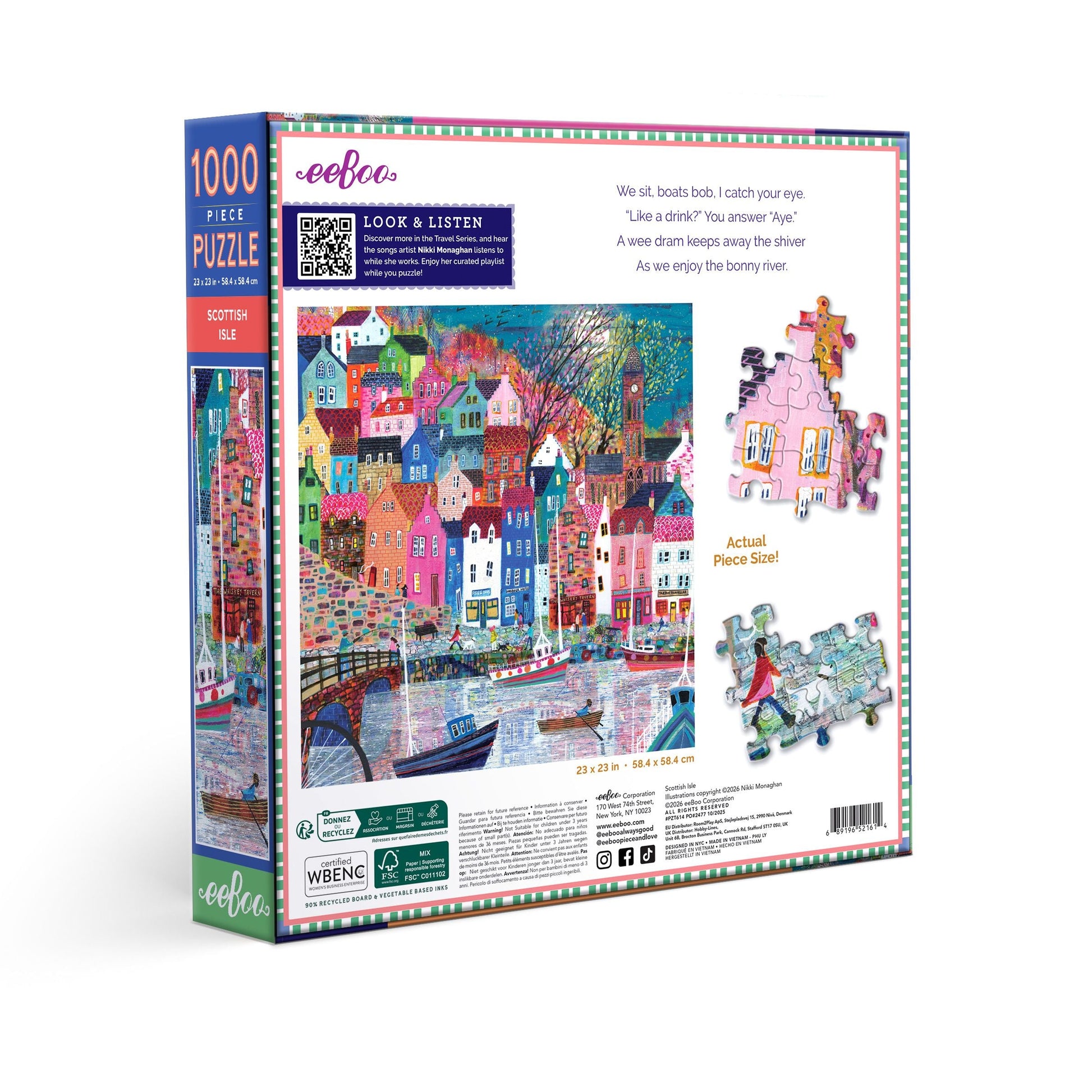 Puzzle box with colorful illustration of a town scene and eeBoo branding. Scottish Isle 1000 Piece Puzzle