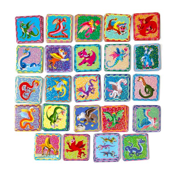 Set of colorful dragon-themed square tiles. Shiny Dragons memory and matching game