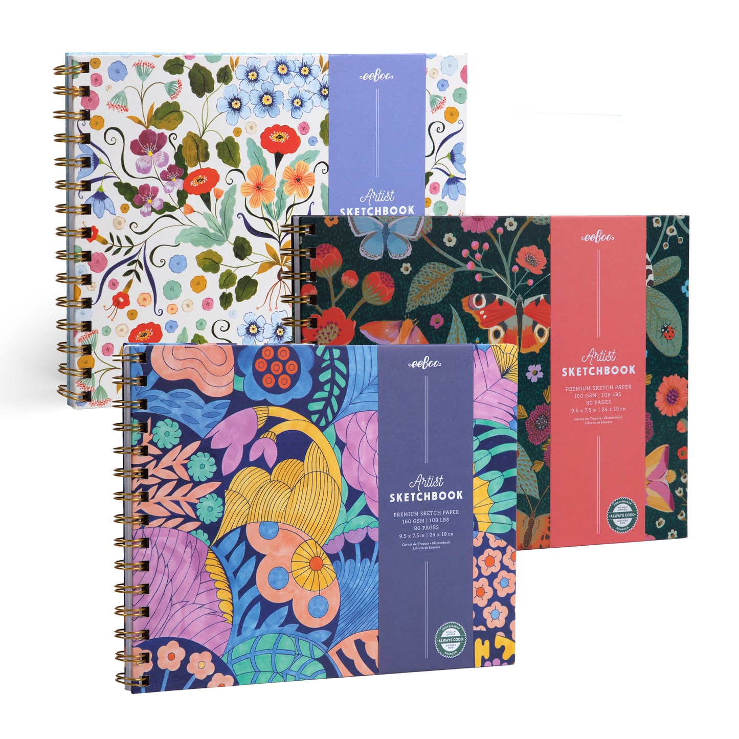 Three hardcover artist sketchbooks with floral motifs