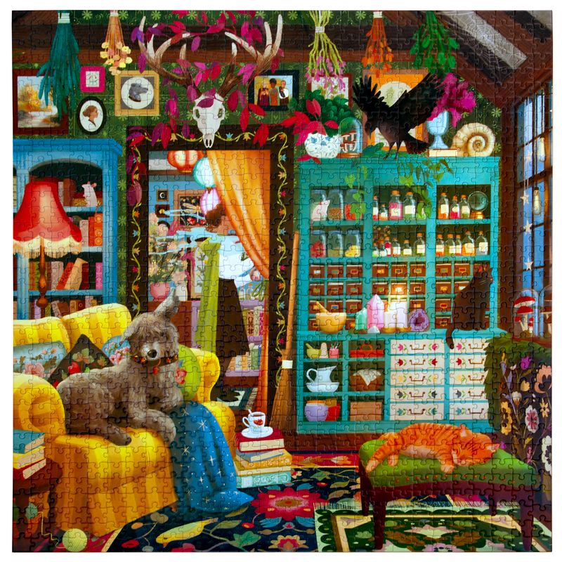 Colorful and detailed interior scene with a dog on a yellow chair and a cat on a green stool.