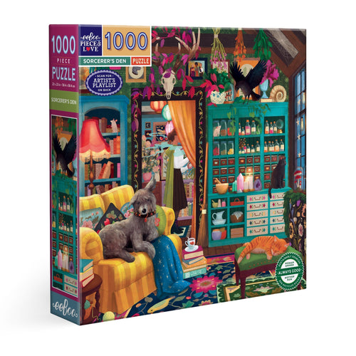 Jigsaw puzzle box with a colorful illustration of a dog in a cozy room, featuring the brand ' eeBoo'. Sorcerer's Den 1000 Piece Puzzle