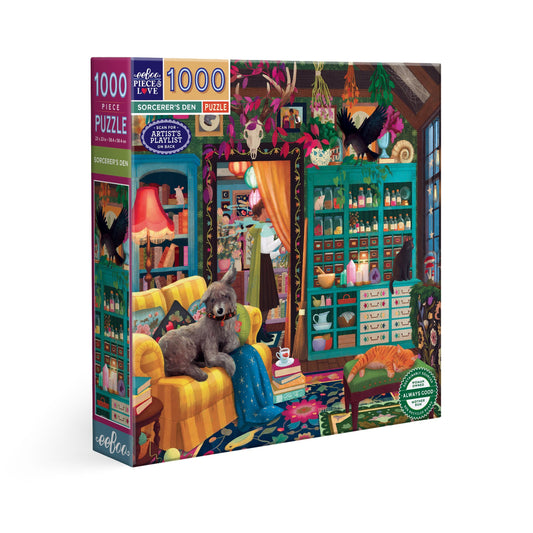 Jigsaw puzzle box with a colorful illustration of a dog in a cozy room, featuring the brand ' eeBoo'. Sorcerer's Den 1000 Piece Puzzle