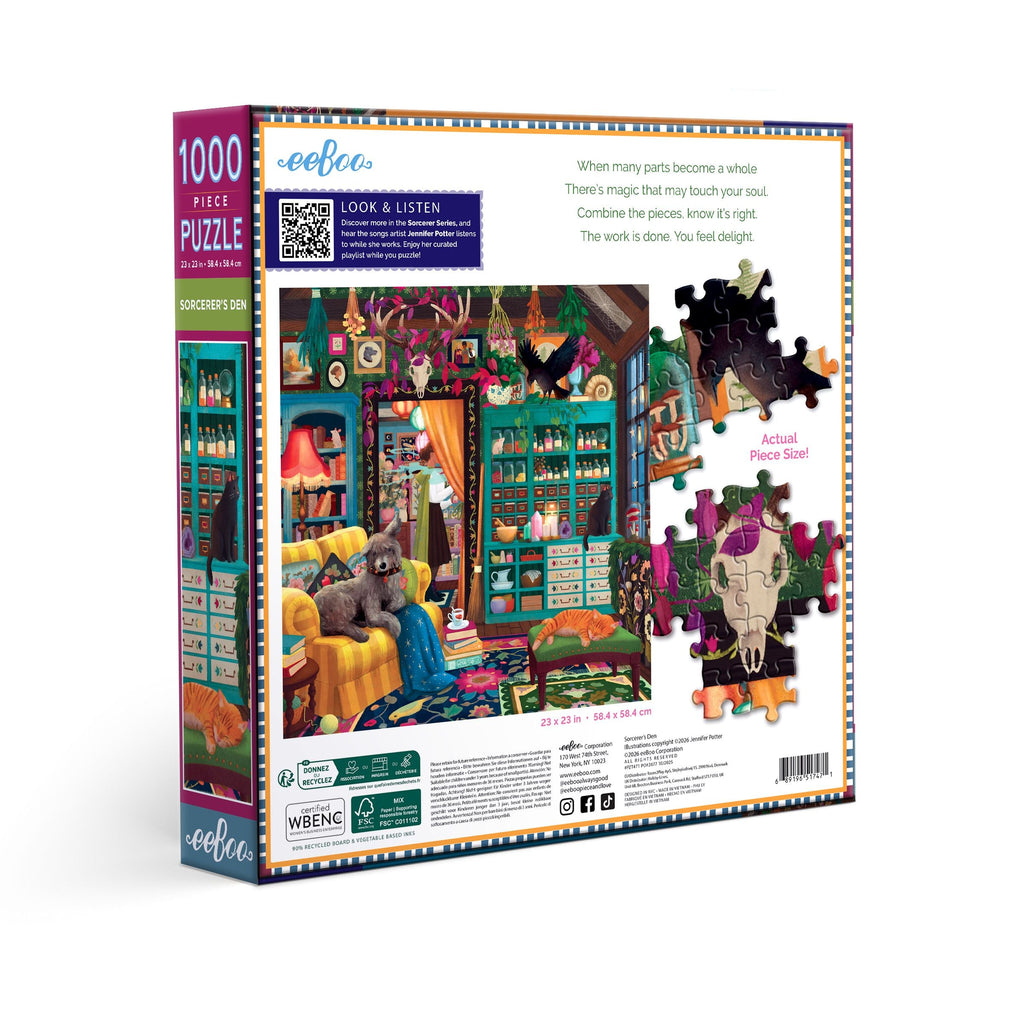 Eeboo puzzle box with colorful illustration. Sorcerer's Den 1000 Piece Puzzle