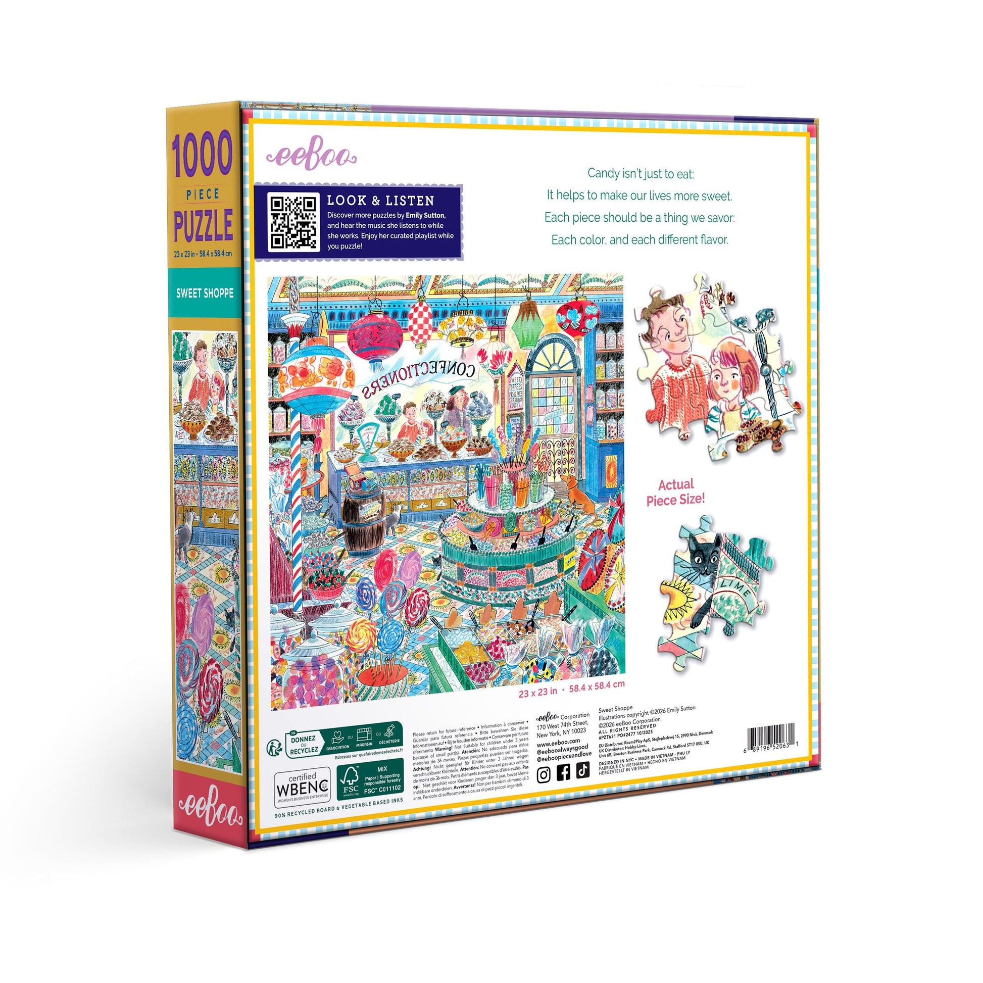 Puzzle box with colorful illustration of a candy store and 'eeBoo' branding. Sweet Candy Shoppe 1000 Piece Puzzle
