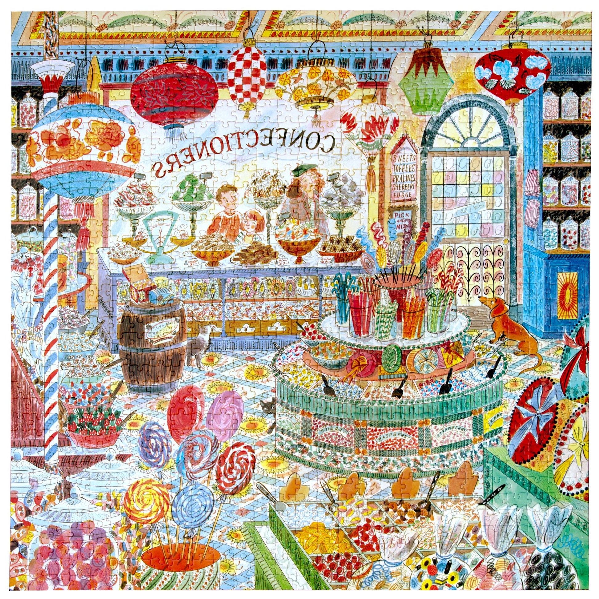 Colorful illustration of a confectionery shop with various sweets and treats.