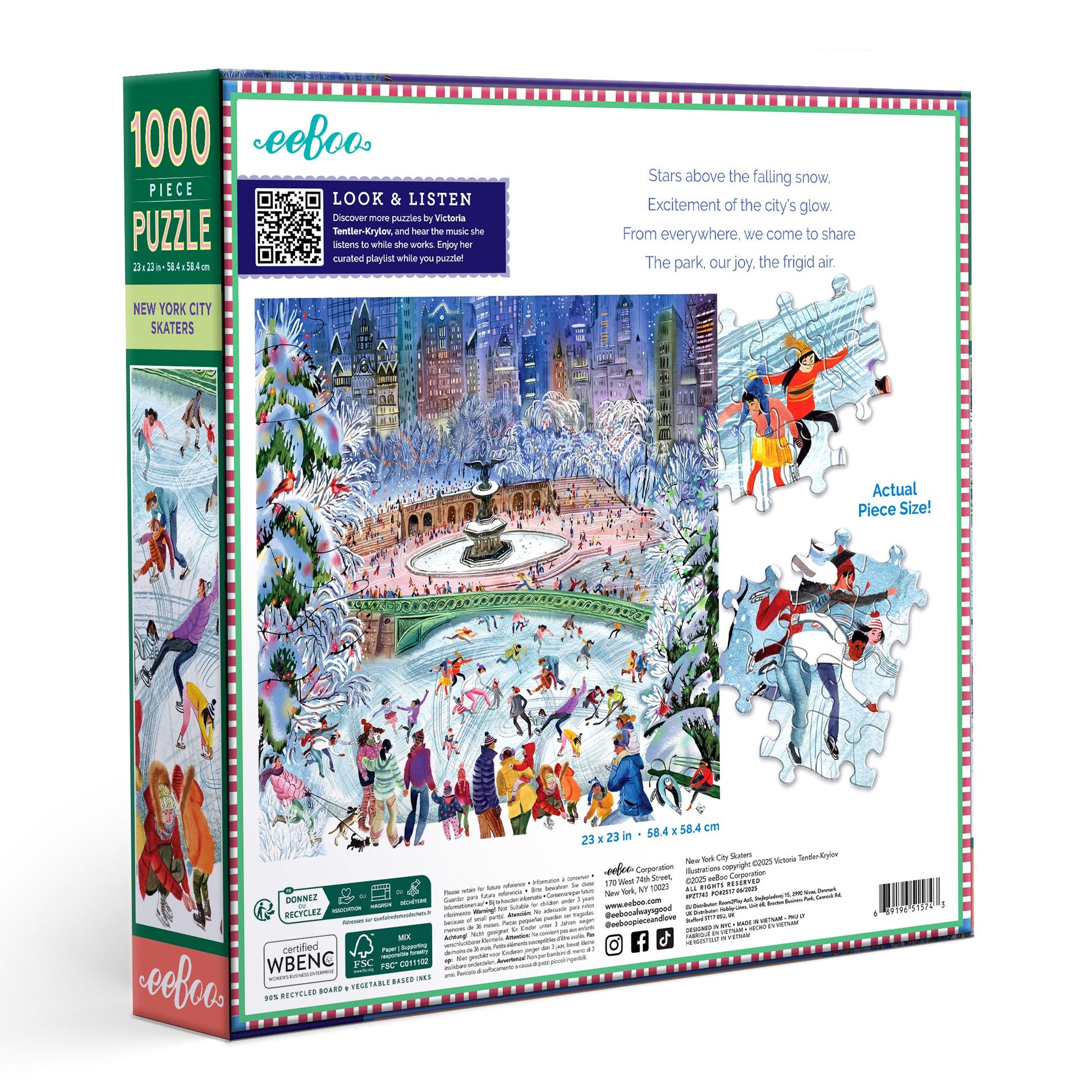 Puzzle box with a winter scene of people skating on an ice rink in a city park. new-york-city-skaters-1000-piece-puzzle