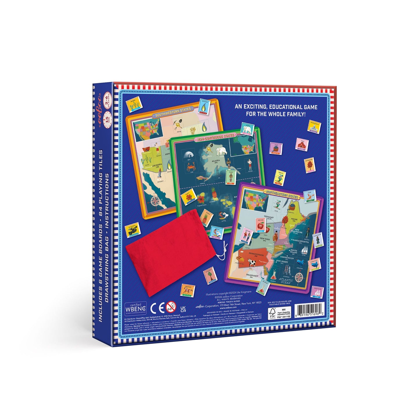 Educational game packaging with colorful maps and a red bag on a blue background. USA Bingo