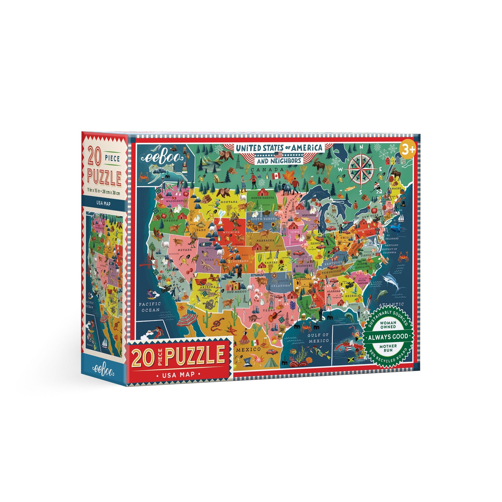 Puzzle box featuring a colorful map of the United States. USA Map 20 Piece Puzzle