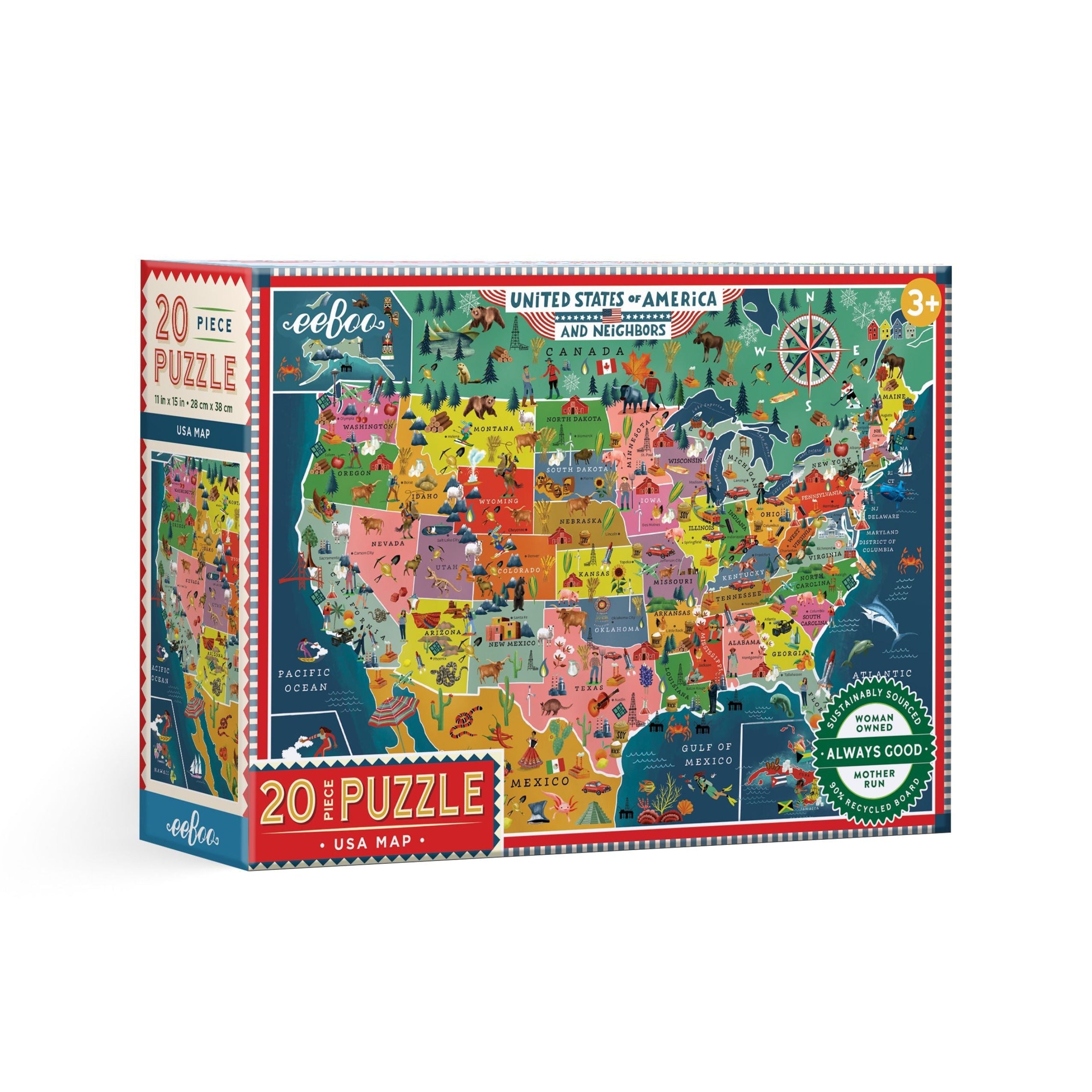 Puzzle box featuring a colorful map of the United States. USA Map 20 Piece Puzzle