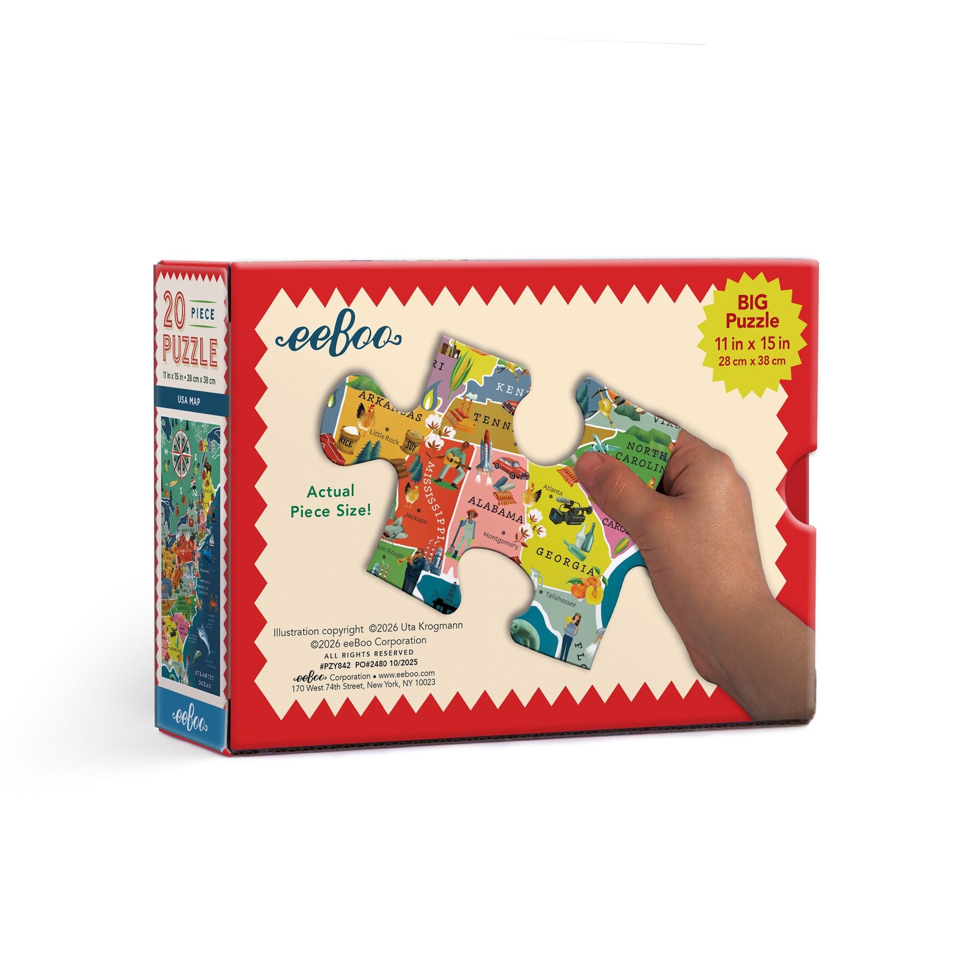 Puzzle box with colorful puzzle pieces and a hand holding one piece. USA Map 20 Piece Puzzle