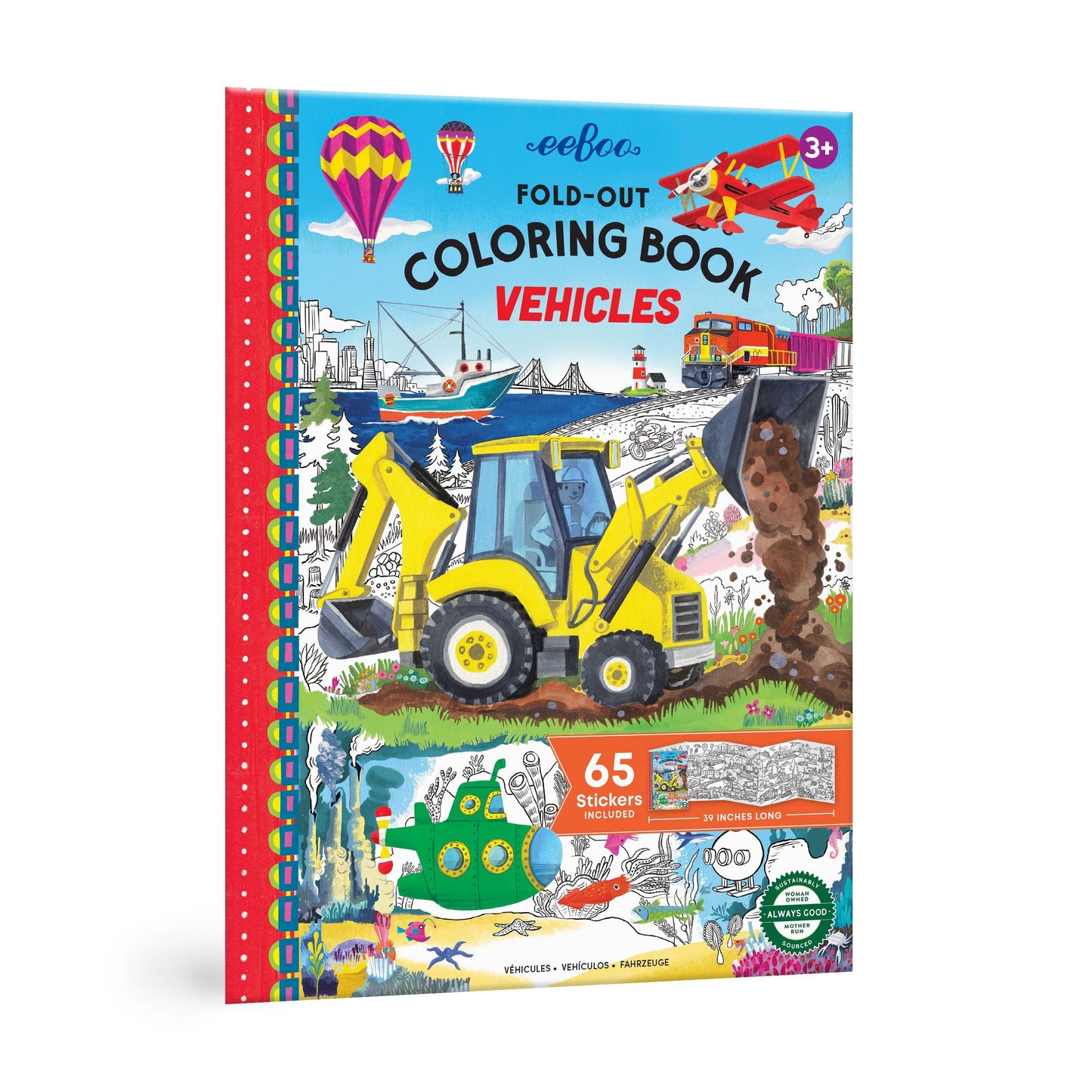 Coloring book titled 'Vehicles' with illustrations of a bulldozer, airplane, and other vehicles. Vehicles Fold-Out Coloring Book