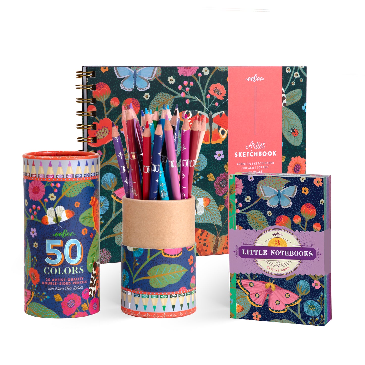 A hardcover sketchbook, color pencil canister, and little notebook set with art by Victoria Ball