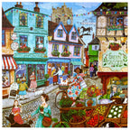 Colorful illustration of a bustling village street with shops and people.