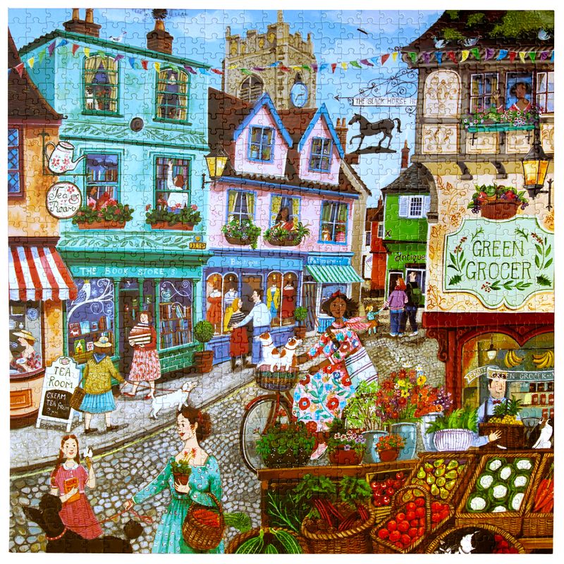 Colorful illustration of a bustling village street with shops and people.