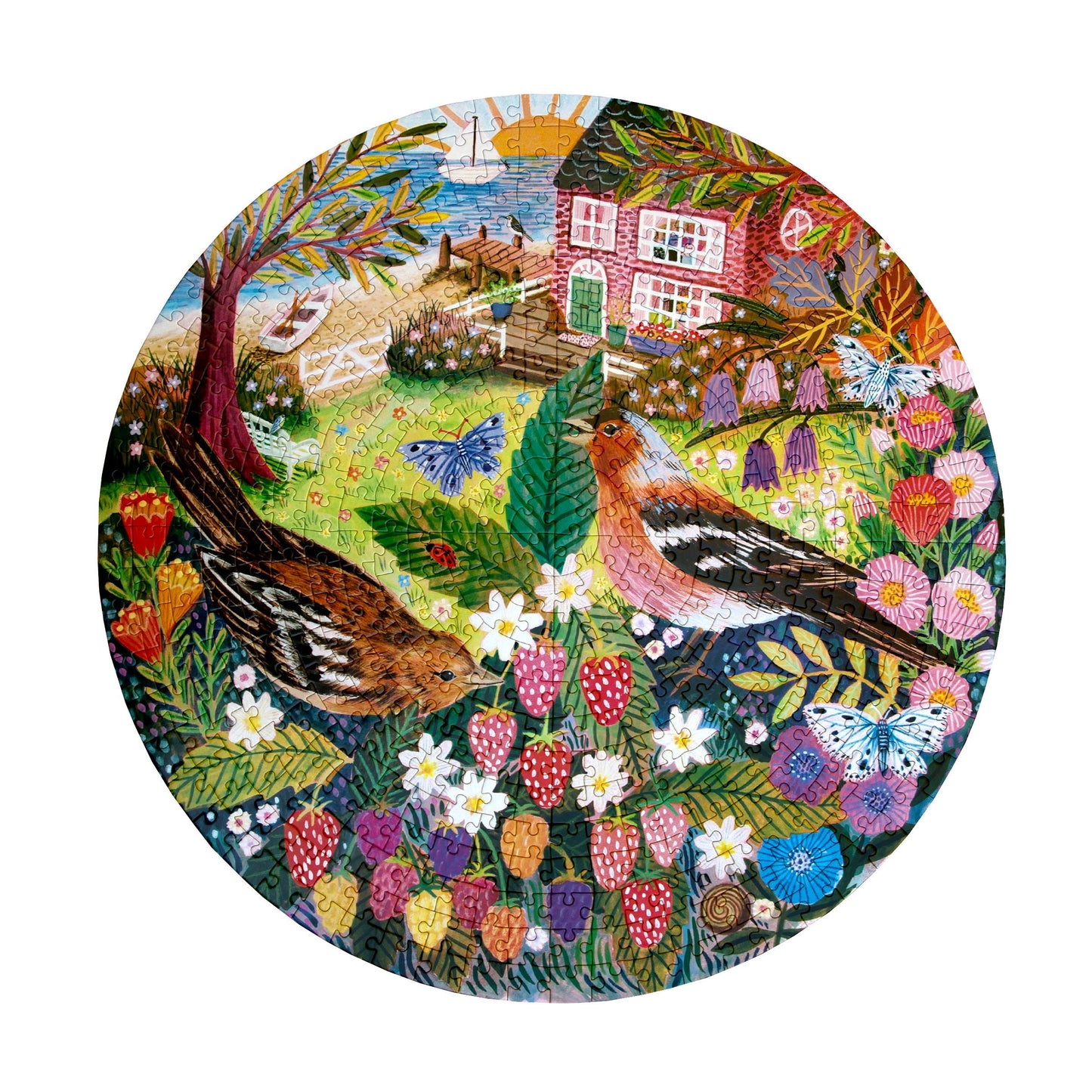 Round puzzle box with colorful artwork of birds and nature, featuring ' eeBoo'. Birds by the Sea 500 Piece Round Puzzle