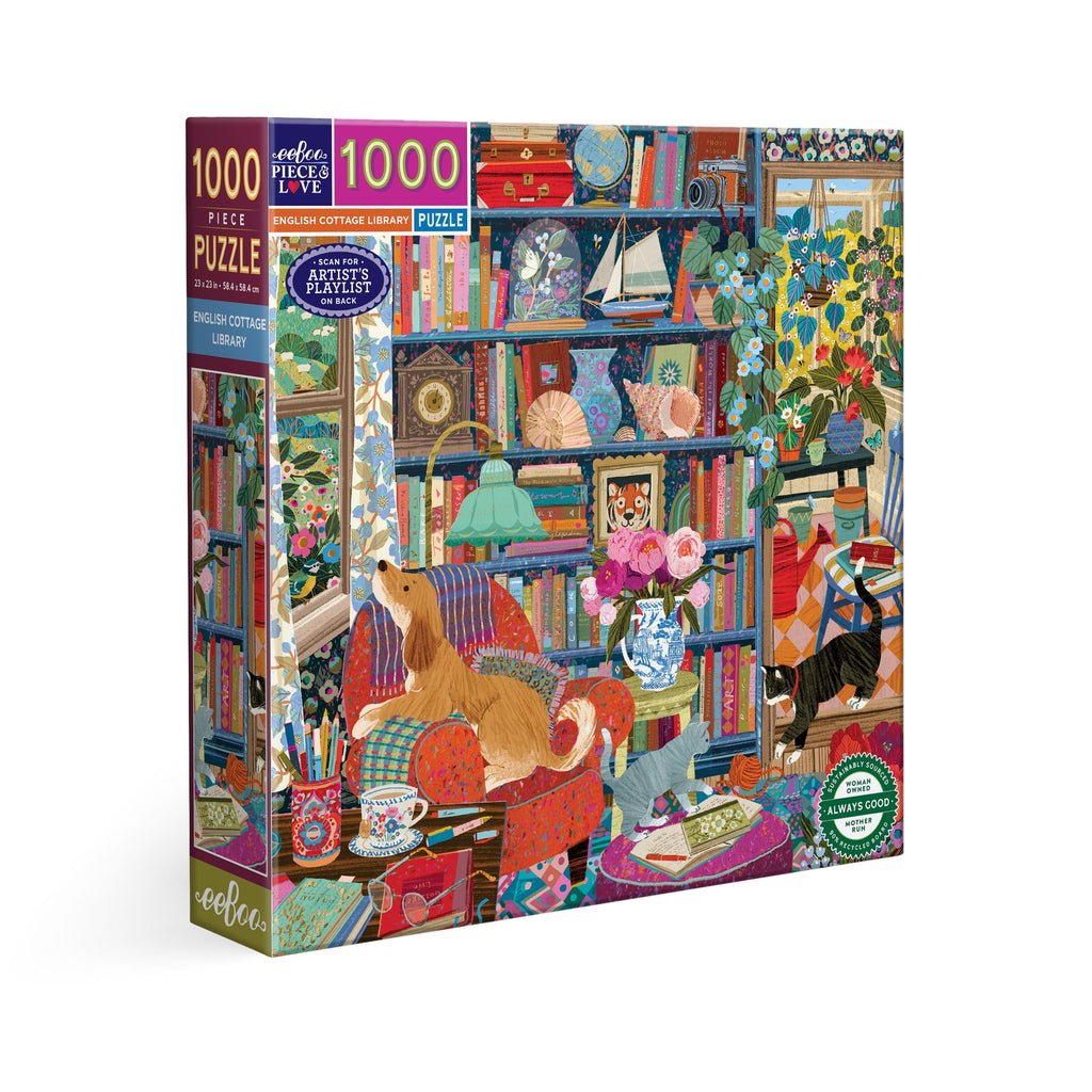 Illustrator Victoria Ball depicts a cozy, eclectic library full of patterns, plants, cats, & bric-a-brac.  1000 Piece Jigsaw Puzzle by eeBoo