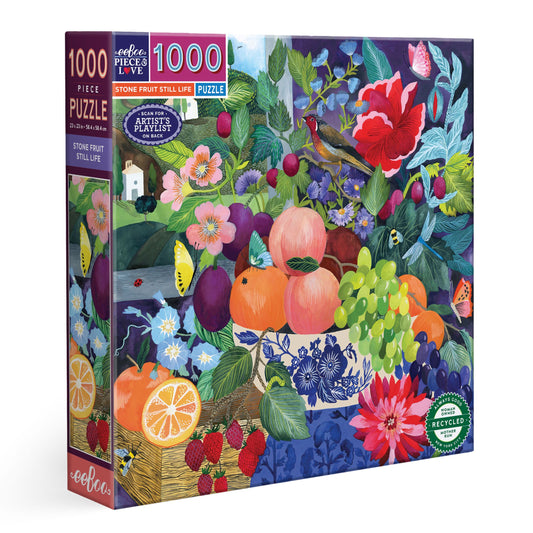 Jigsaw puzzle with colorful fruit and floral design. Stone Fruit Still Life 1000 Piece Puzzle by eeBoo | Unique Beautiful Gifts